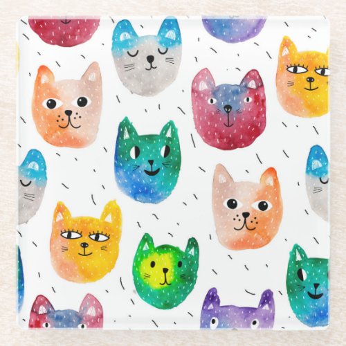 Watercolor cats and friends glass coaster