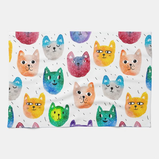 Watercolor cats and friends kitchen towel (Horizontal)