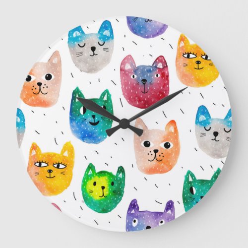 Watercolor cats and friends large clock