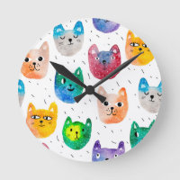 Watercolor cats and friends round clock