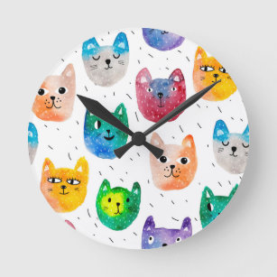 Watercolor cats and friends round clock