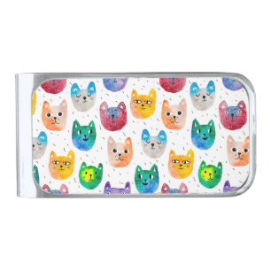 Watercolor cats and friends silver finish money clip