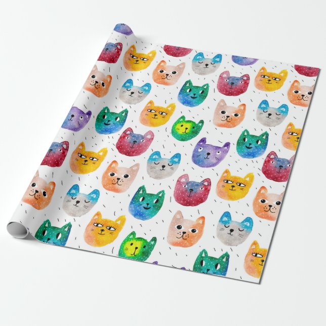 Watercolor cats and friends wrapping paper (Unrolled)