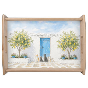 Watercolor Cats and Lemon Trees in Greece Serving Tray