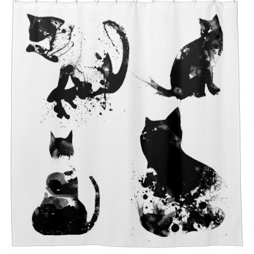 Watercolor Cats Black Cat Minimal Black  White Shower Curtain