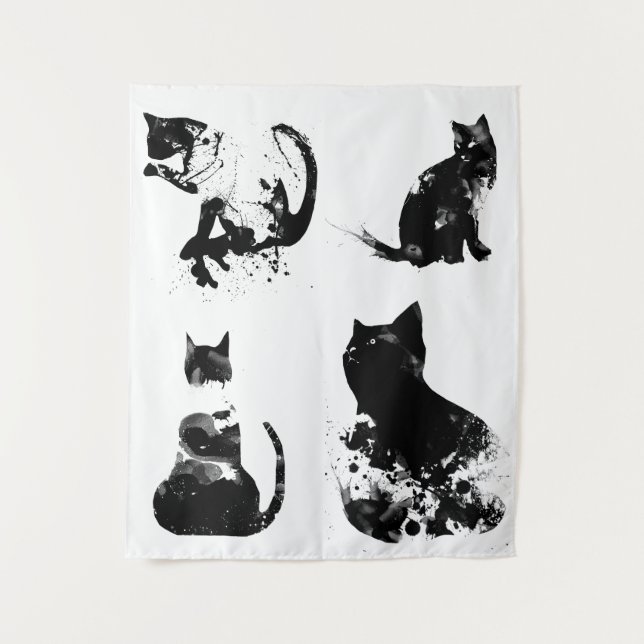Watercolor Cats, Black Cat, Minimal, Black & White Tapestry (Front)