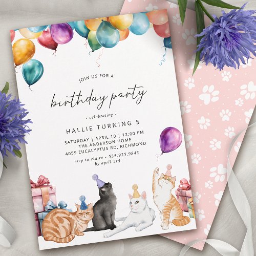 Watercolor Cats  Cute Fun Girls Birthday Party Invitation