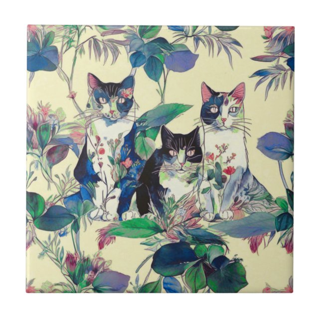 Watercolor Cats in a Garden Ceramic Tile (Front)
