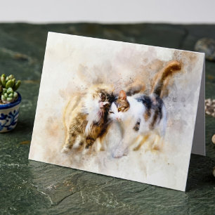 Watercolor Cats Nuzzling in Soft Abstract Art Thank You Card