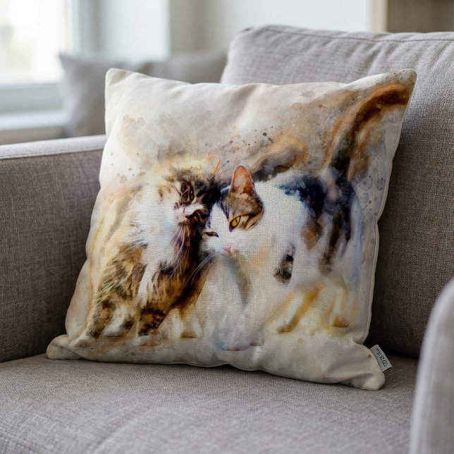 Watercolor Cats Nuzzling in Soft Abstract Art Throw Pillow (Watercolor Cats Nuzzling in Soft Abstract Art. Throw Pillow)