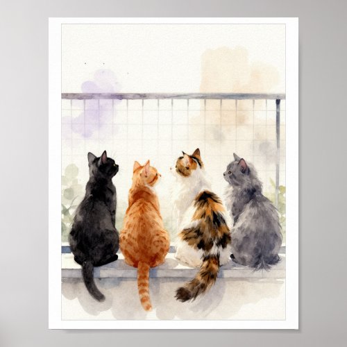 Watercolor Cats on Balcony – Cat Lover Wall Art