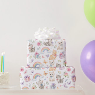 Watercolor Cats Rainbow Flowers Butterflies Wrapping Paper