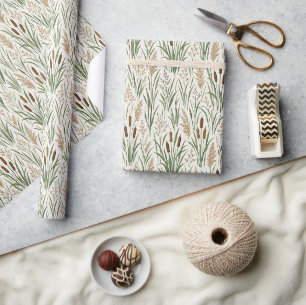 Watercolor Cattail Reeds Botanical Pattern Wrapping Paper