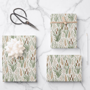 Watercolor Cattail Reeds Botanical Pattern Wrapping Paper Sheets