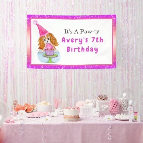 Watercolor Cavalier King Charles Cupcake Birthday  Banner