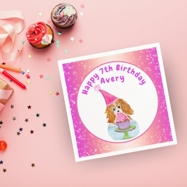 Watercolor Cavalier King Charles Cupcake Birthday Napkins (Creator Uploaded)