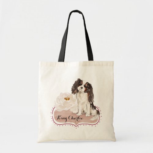 Watercolor Cavalier King Charles Spaniel with Rose Tote Bag