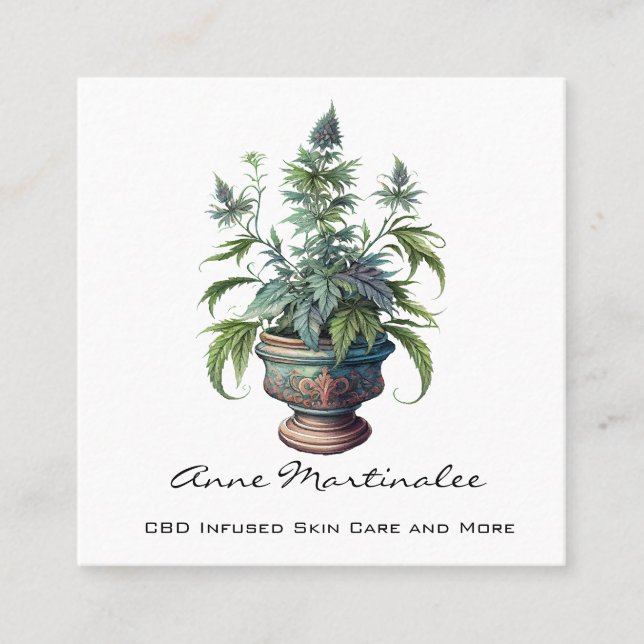 Watercolor CBD Potted Plant Square Business Card (Front)