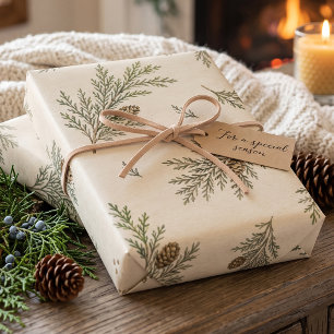 Watercolor Cedar Sprig Pinecone Evergreen Garland Wrapping Paper Sheets