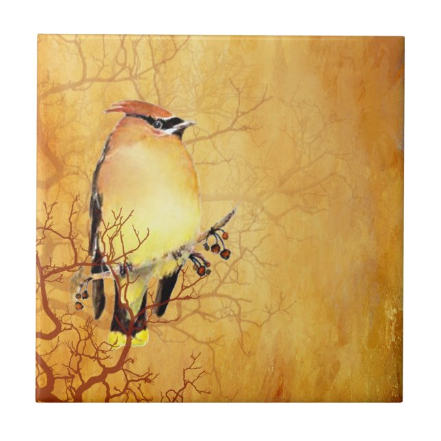 Watercolor Cedar Waxwing Bird Wildlife Art Ceramic Tile (Front)