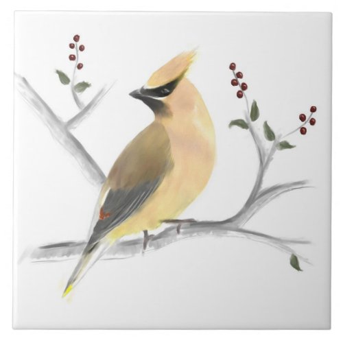 Watercolor Cedar Waxwing Ceramic Tile