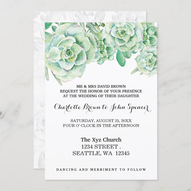 watercolor celadon succulent wedding invitations (Front/Back)