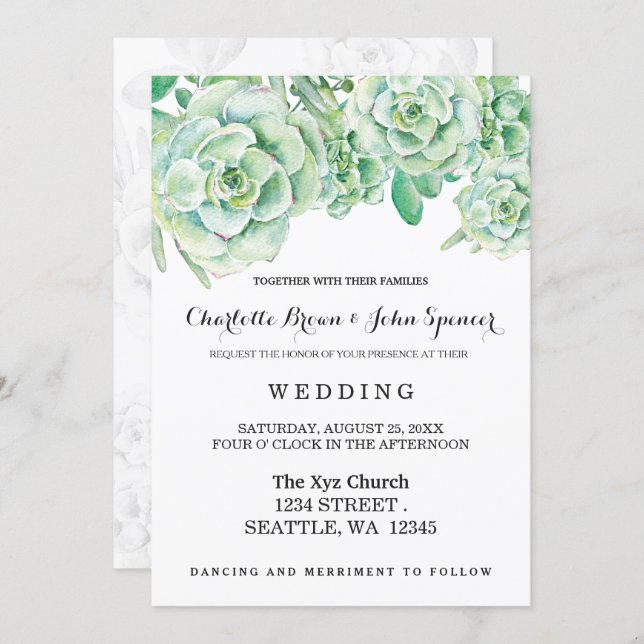 watercolor celadon succulent wedding invitations (Front/Back)