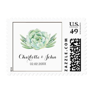 watercolor celadon succulent wedding postage stamps at UniqueRusticWeddingInvitations.com