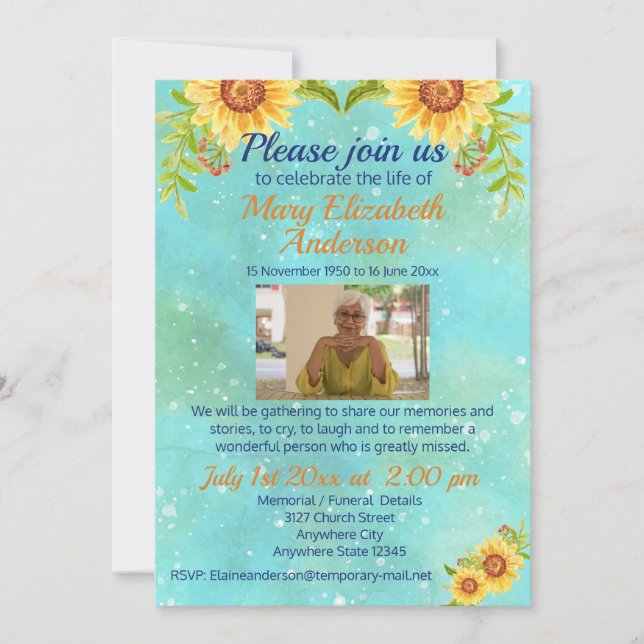 Watercolor Celebration of Life Funeral Photo Blue Invitation (Front)