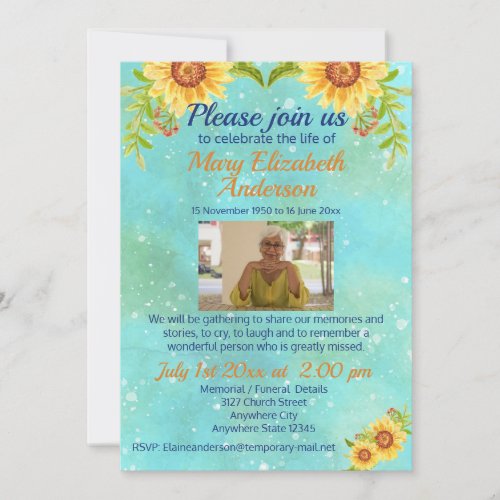 Watercolor Celebration of Life Funeral Photo Blue Invitation