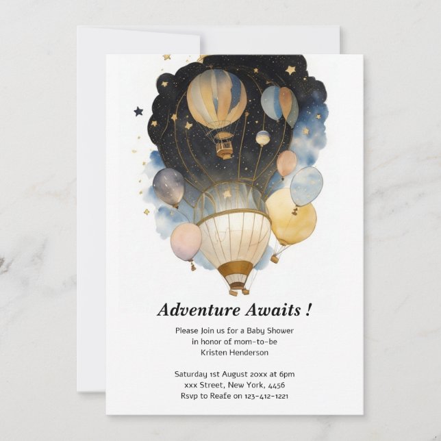 Watercolor Celestial Balloon Baby Shower Invitation (Front)