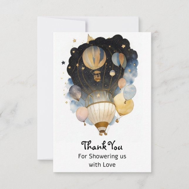 Watercolor Celestial Balloon Baby Shower  Thank You Card (Front)
