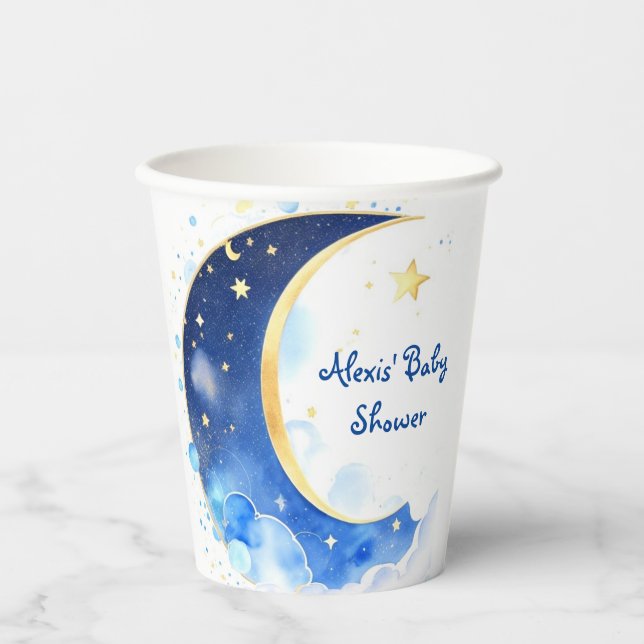 Watercolor Celestial Moon and Stars Baby Shower Paper Cups (Front)