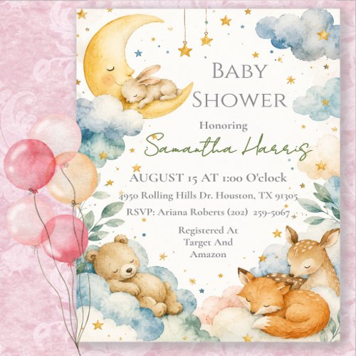 Watercolor Celestial Moon Baby Shower Invitation