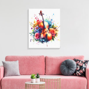 Watercolor Cello and Flowers Canvas Print