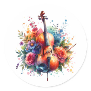 Watercolor Cello and Flowers   Classic Round Sticker