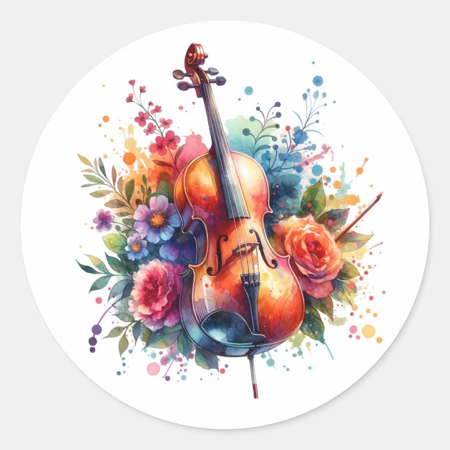 Watercolor Cello and Flowers   Classic Round Sticker (Front)