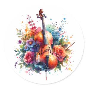 Watercolor Cello and Flowers   Classic Round Sticker