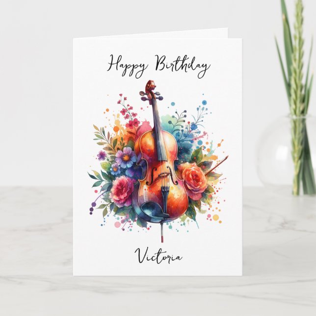 Watercolor Cello and Flowers Personalized Birthday Card (Front)