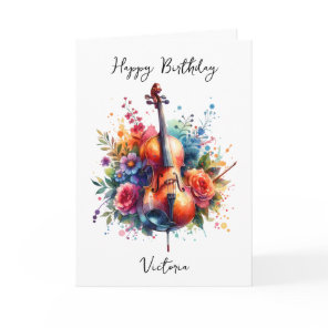 Watercolor Cello and Flowers Personalized Birthday Card