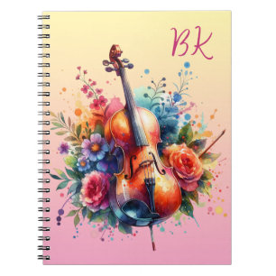 Watercolor Cello and Flowers Personalized Notebook