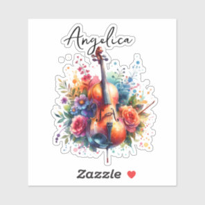 Watercolor Cello and Flowers Personalized Sticker