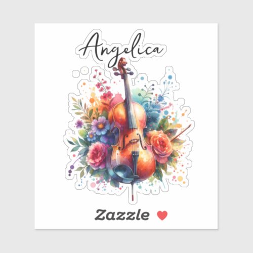 Watercolor Cello and Flowers Personalized Sticker