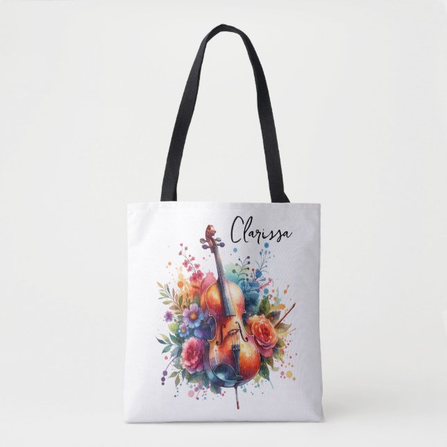 Watercolor Cello and Flowers Personalized Tote Bag (Front)