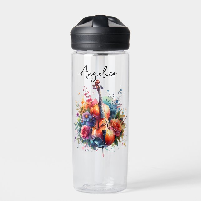 Watercolor Cello and Flowers Personalized Water Bottle (Front)