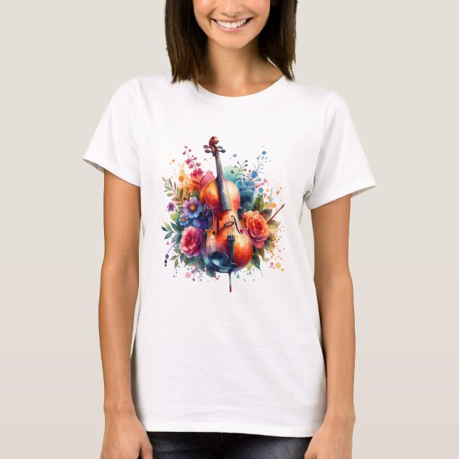 Watercolor Cello and Flowers   T-Shirt (Front)
