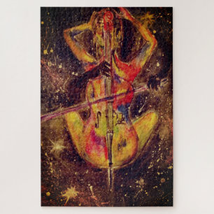 Watercolor - Cello Space Sonata - Lady & Cello Art Jigsaw Puzzle
