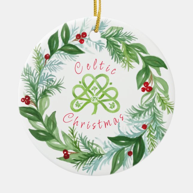 Watercolor Celtic Christmas Wreath PERSONALIZE  Ceramic Ornament (Front)