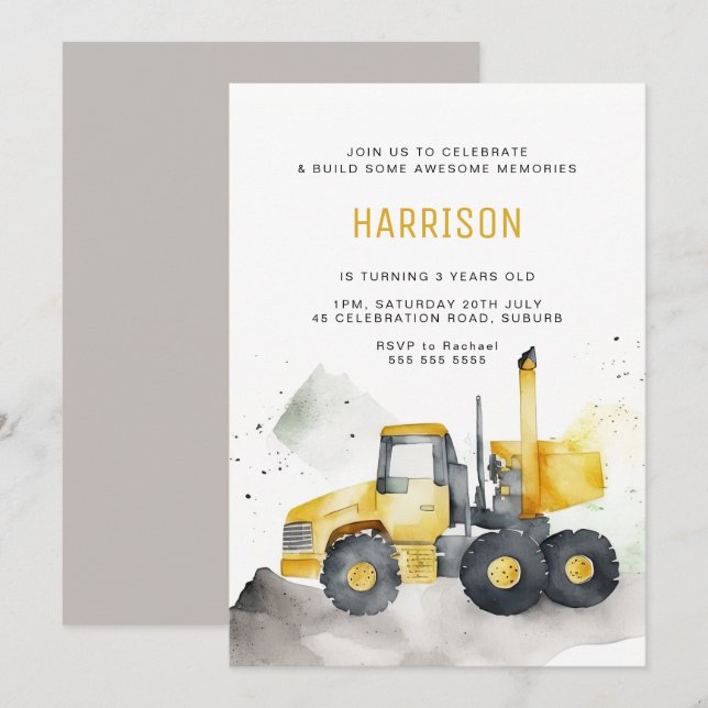 Watercolor Cement Truck Birthday Invitation (Front/Back)