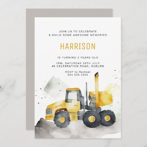 Watercolor Cement Truck Birthday Invitation